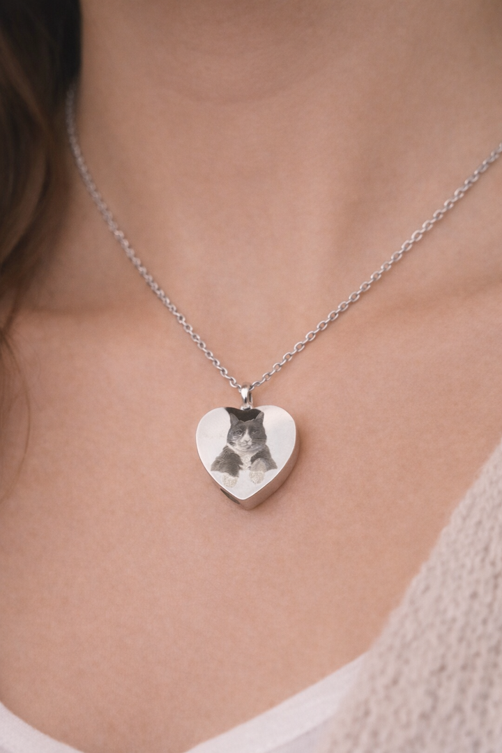 Heart urn necklace with cat photo engraved