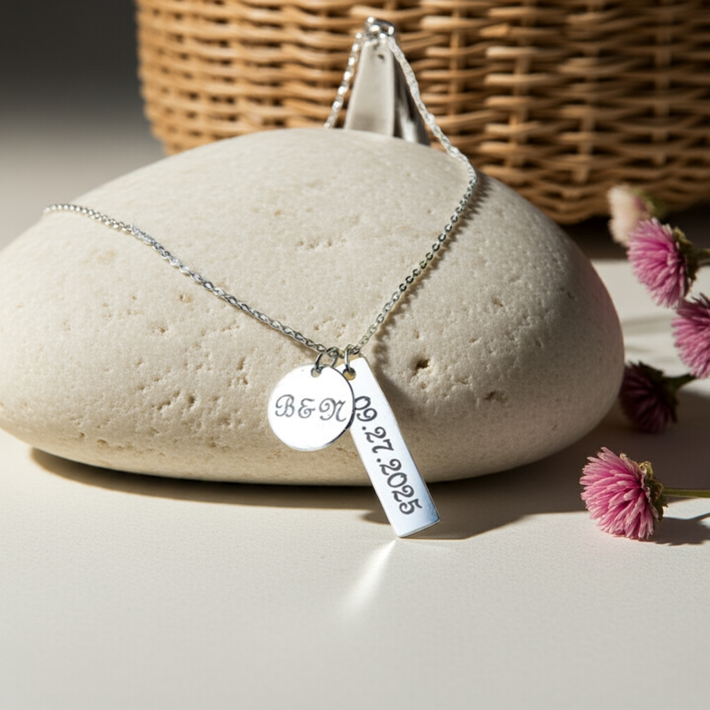 2 Charm Necklace - Engraved Initial and Birthstone Pendant