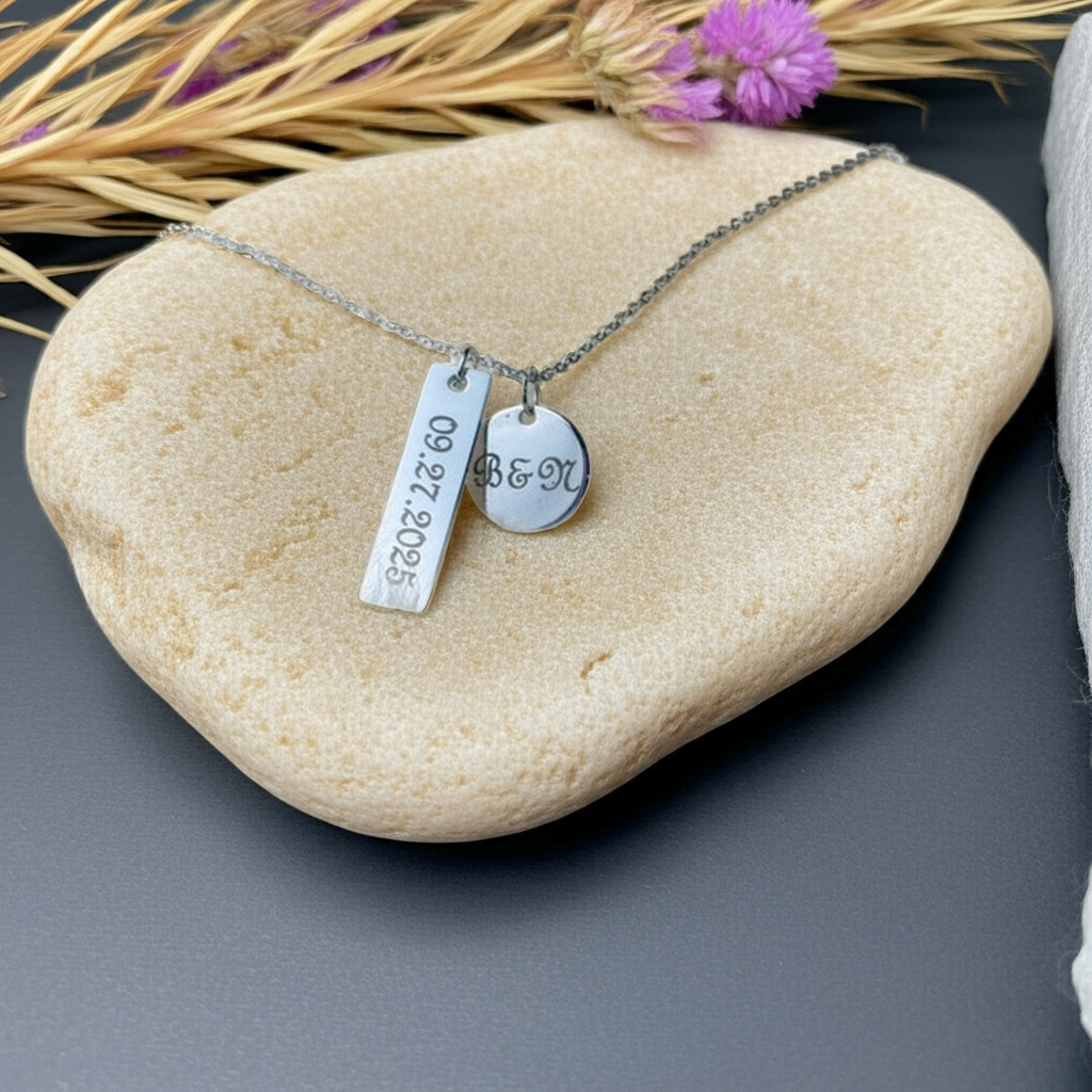 2 Charm Necklace - Engraved Initial and Birthstone Pendant